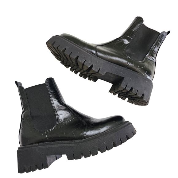 Schuh Womens Avelina Leather Chunky Chelsea Boots Size US 9 Black Croc Leather - Picture 7 of 15